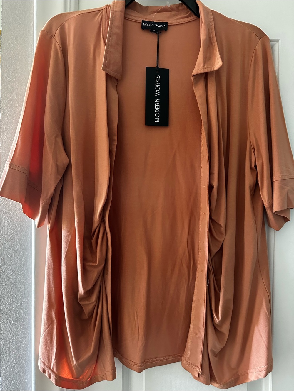 Modern Works Draped Open-Front Cardigan in Rust